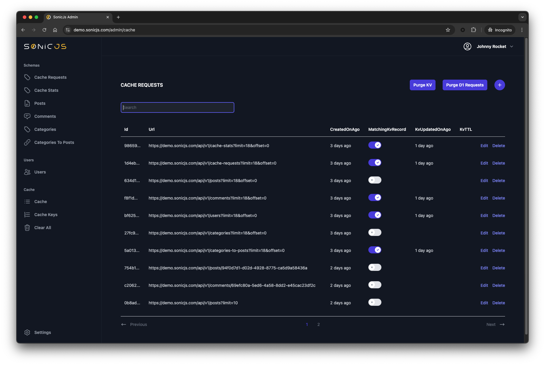 SonicJs Admin UI Cache management