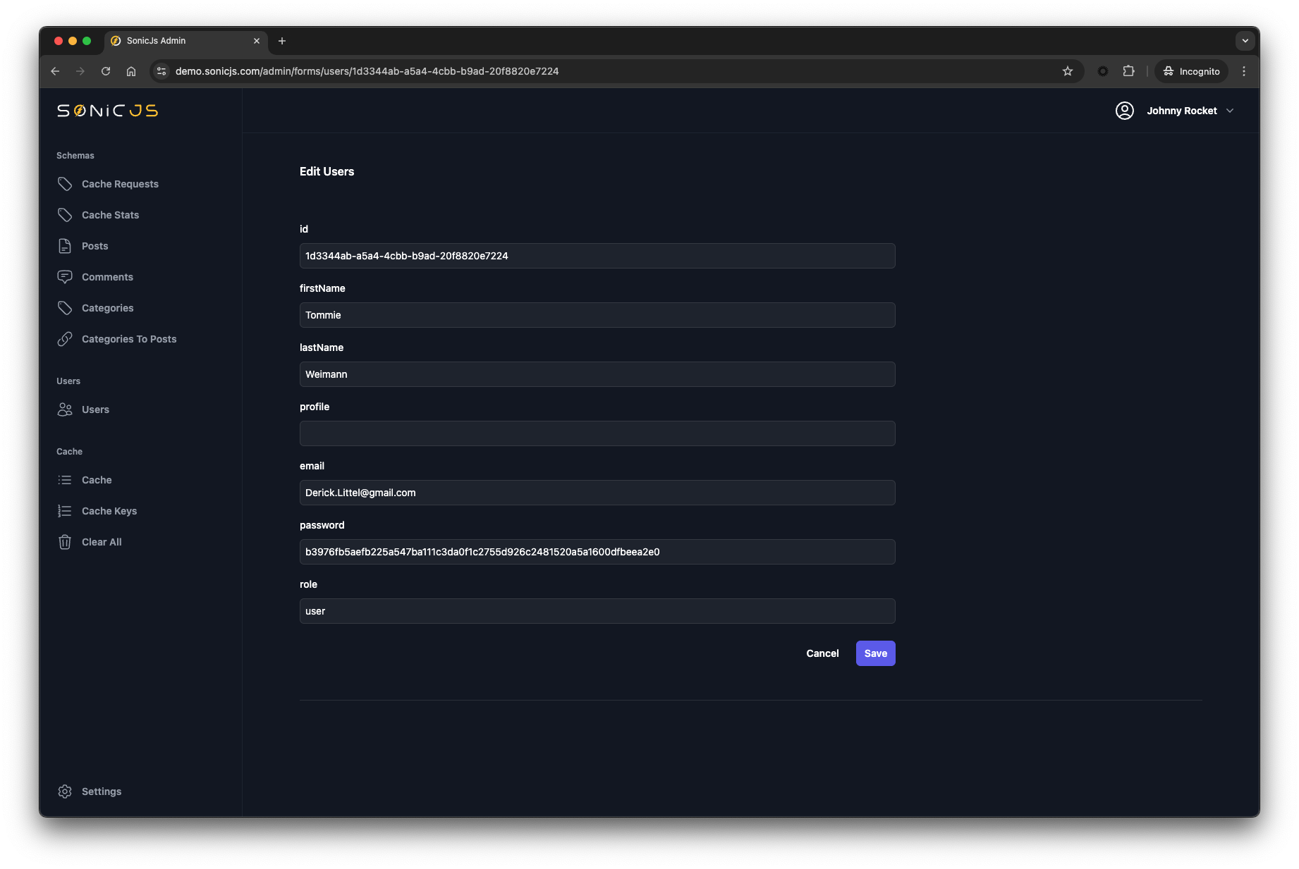 SonicJs Admin UI Record Editor