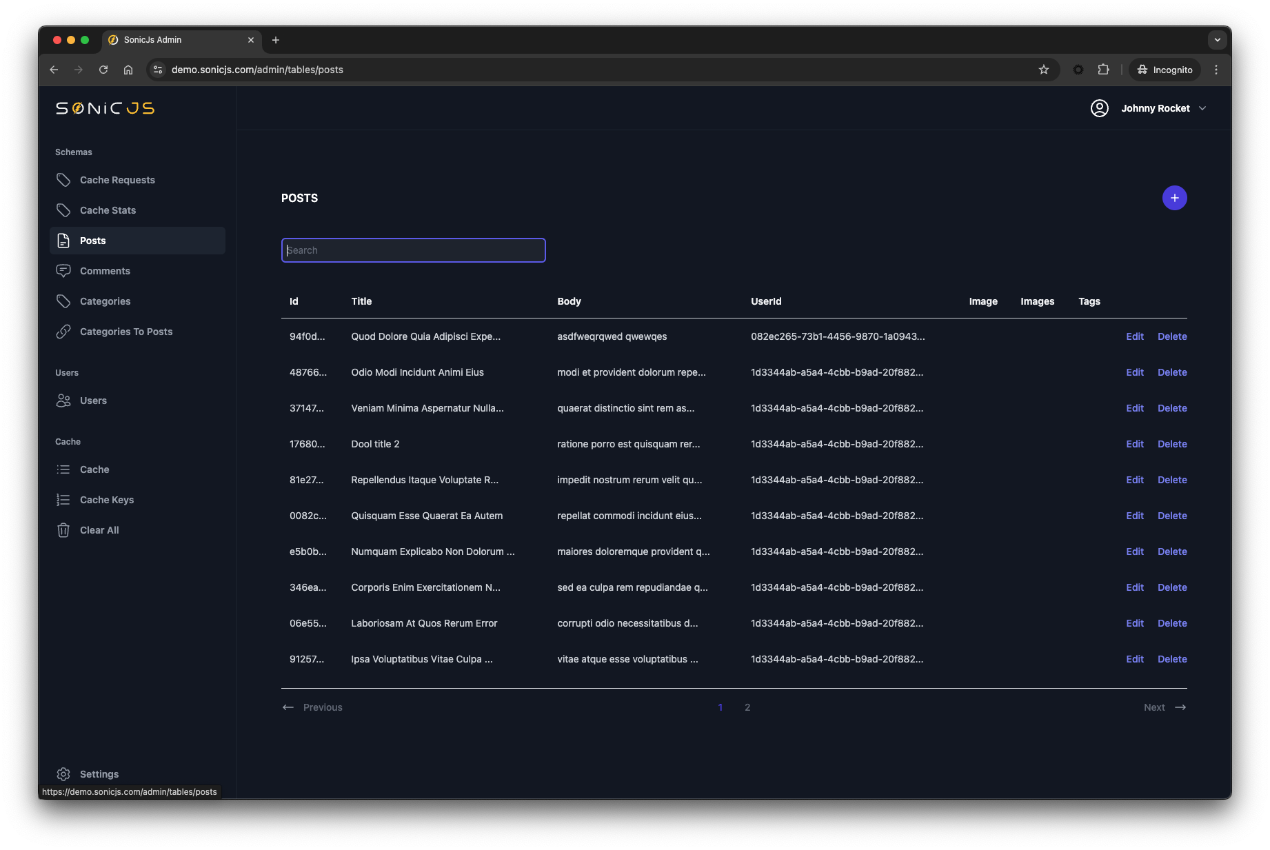SonicJs Admin UI Table